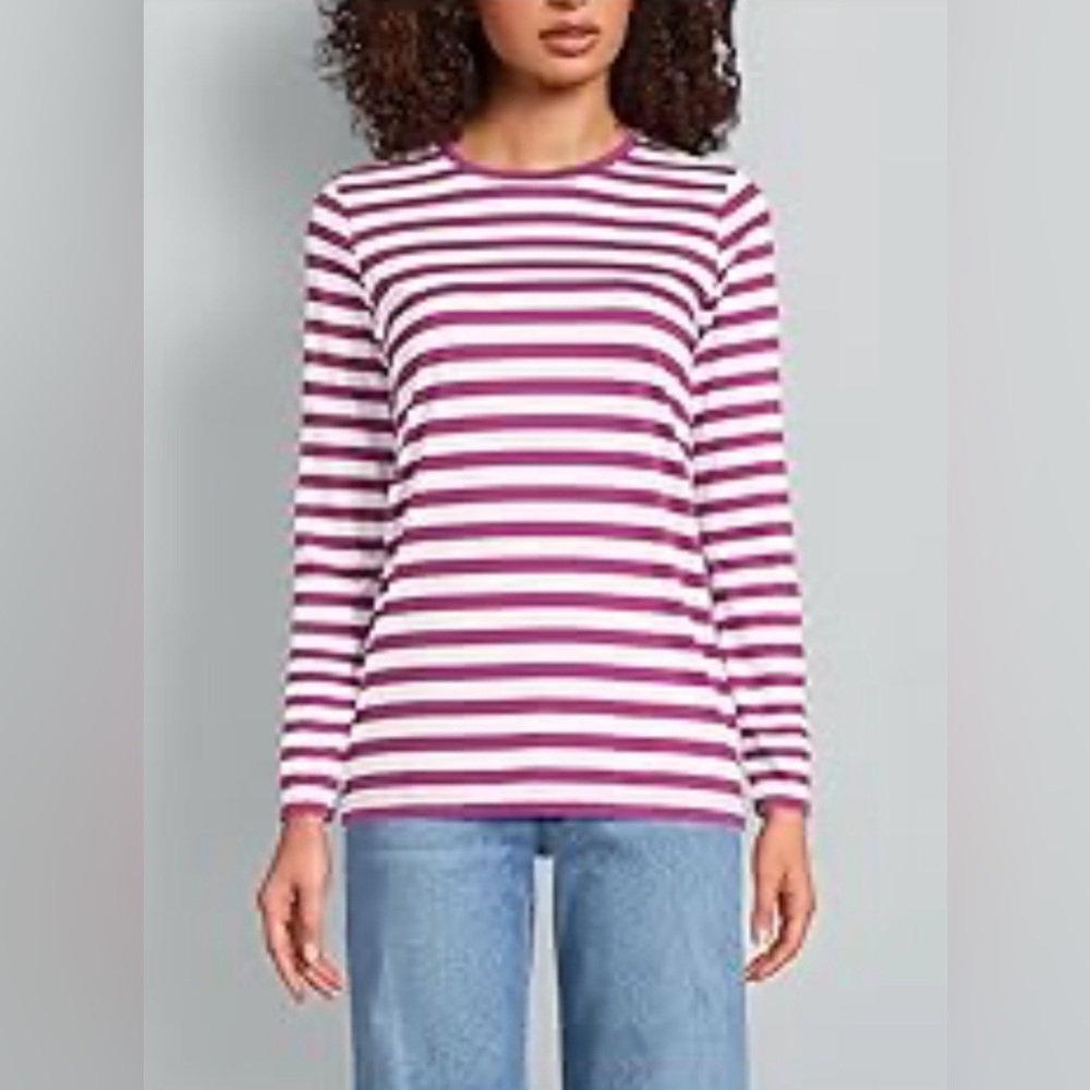 Lands End Womens Magenta White Striped Long Sleeve‎ Cotton Crewneck Top M 10-12